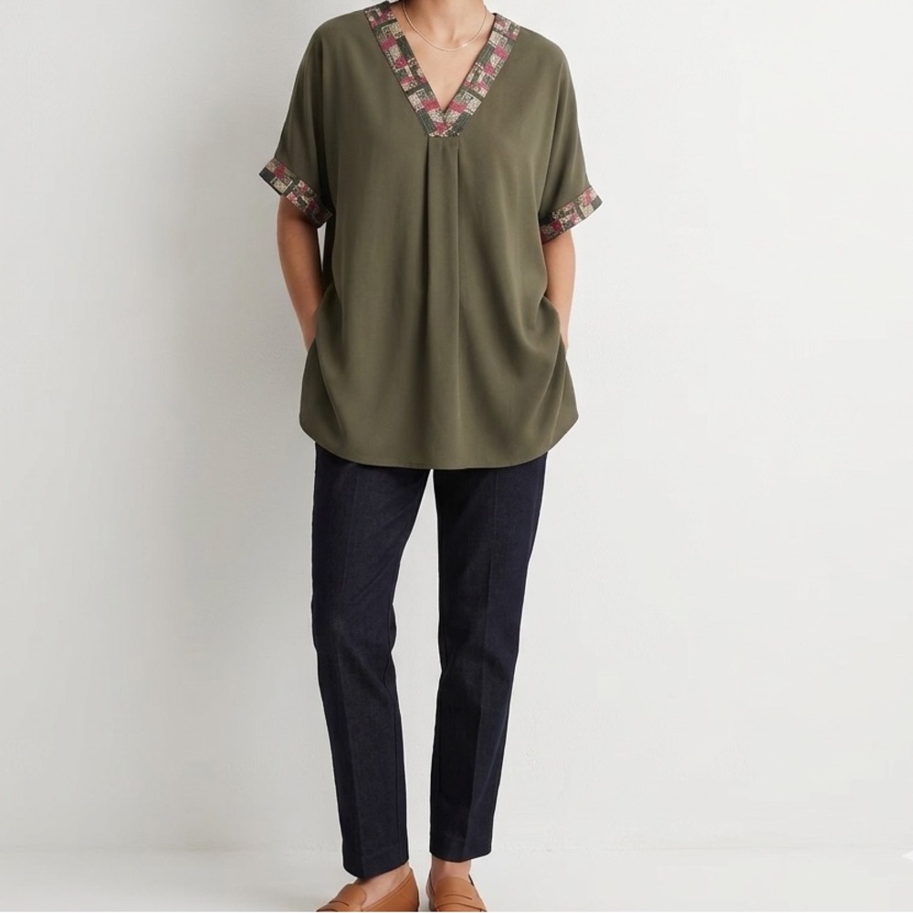 Olive V-Neck Embroidered Trim Women's Top